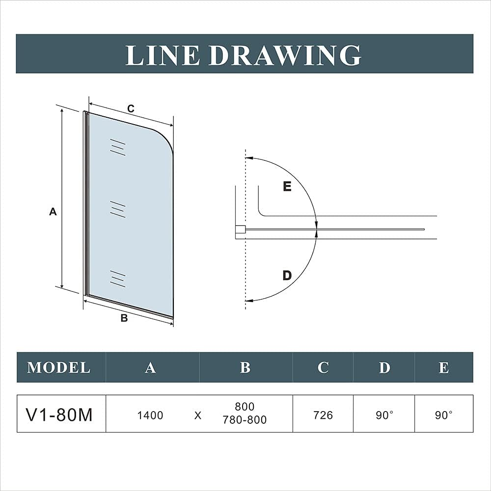 Over Bath Shower Screen Pivot Double Panel 1000x1400mm Tempered Glass Door Panel with Support bar