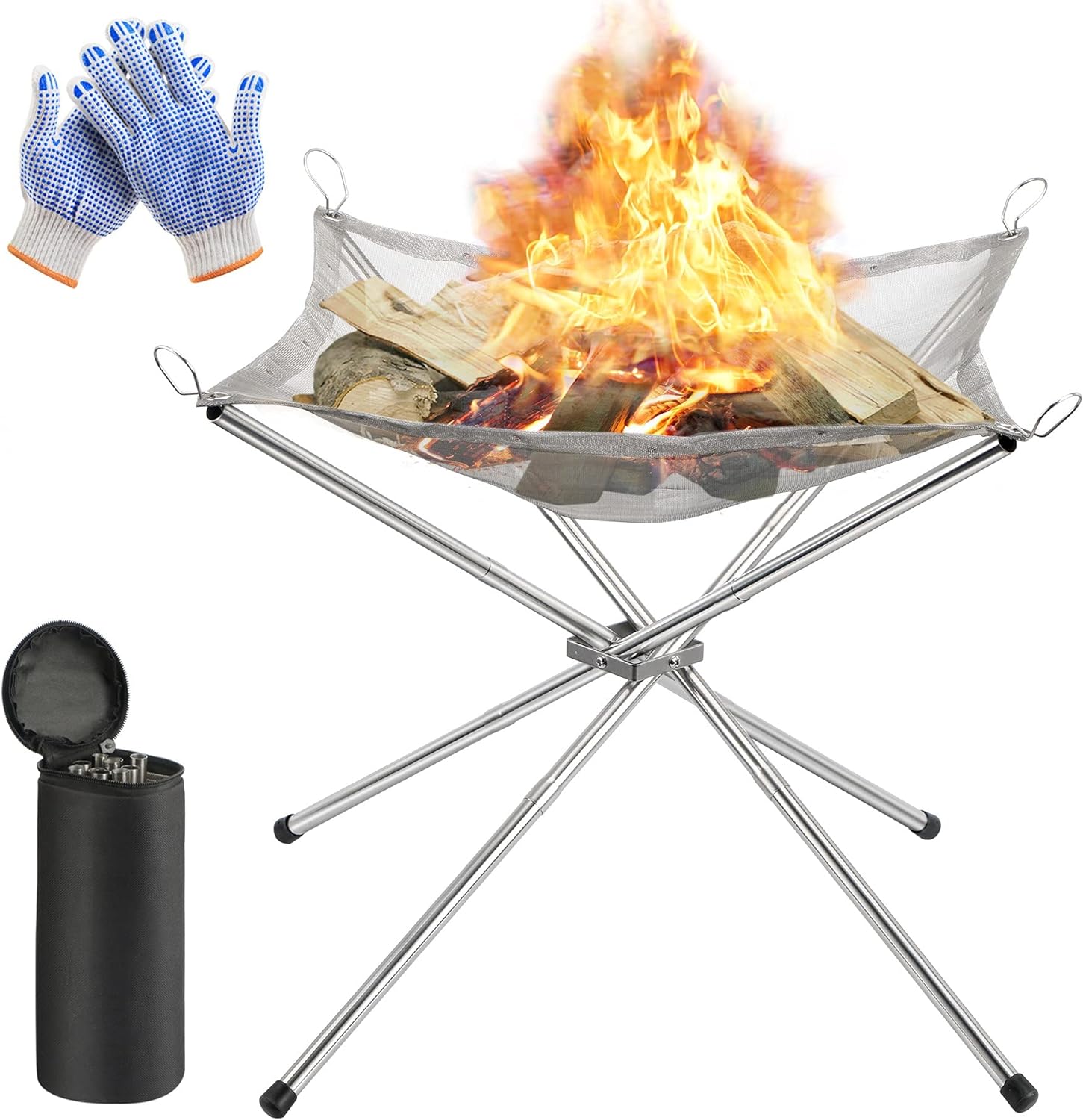 Portable Fire Pit for Camping, Outdoor Folding Firepit Fireplace with Heat Resistant Gloves Carrying Bag, Stainless Steel Mesh BBQ Fire Bowl for Picnics, Bonfire, Patio, Backyard and Garden