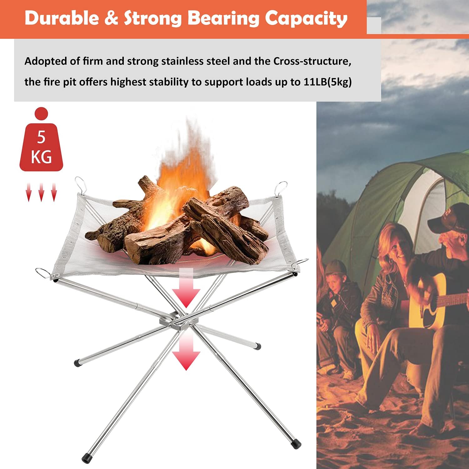 Portable Fire Pit for Camping, Outdoor Folding Firepit Fireplace with Heat Resistant Gloves Carrying Bag, Stainless Steel Mesh BBQ Fire Bowl for Picnics, Bonfire, Patio, Backyard and Garden