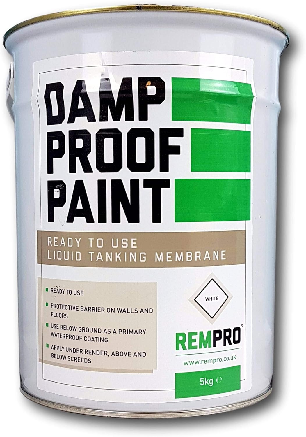 Rempro 5kg White Damp Proof Paint - Internal External Liquid DPM for Water Vapour Membrane Proofing Applications