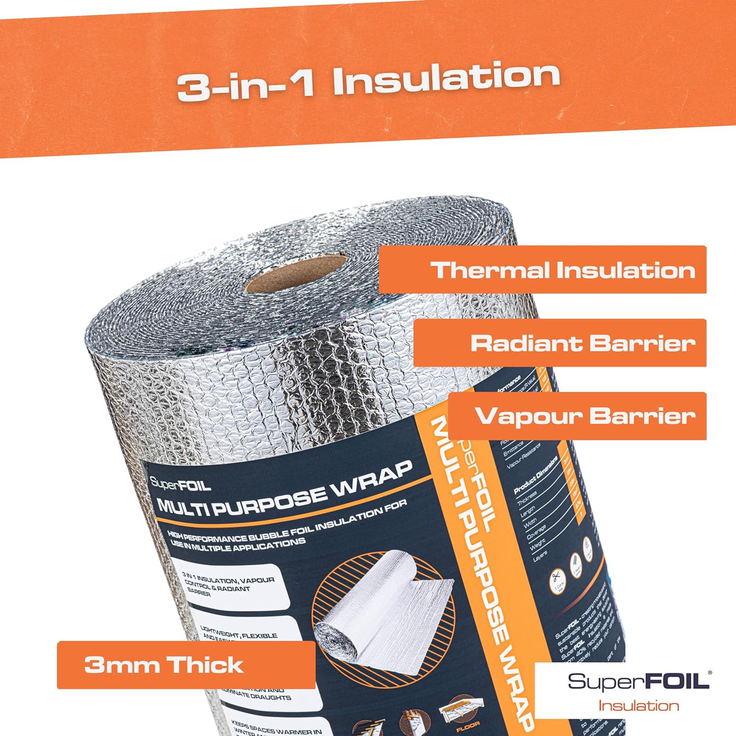 SuperFOIL Foil Insulation Roll 0.6m x 25m - Energy Saving DIY Bubble Foil Sheet - 3-in-1 Sustainable Thermal Insulation Reflective Radiant Barrier Vapour Barrier - Multi Purpose for Home Auto