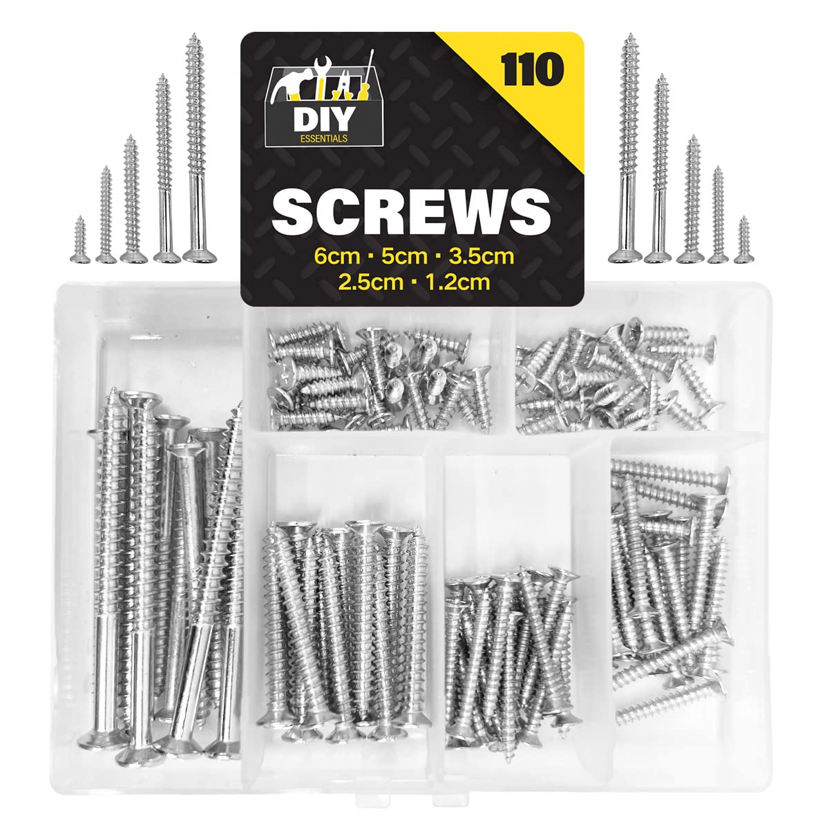 110pk Wood Screws Assortment | Countersunk Screw Set with Storage Box for DIY and Repairs | Mixed Steel Screws for Wood | Self Tapping Assorted Screws Wall | Flat Head Screws