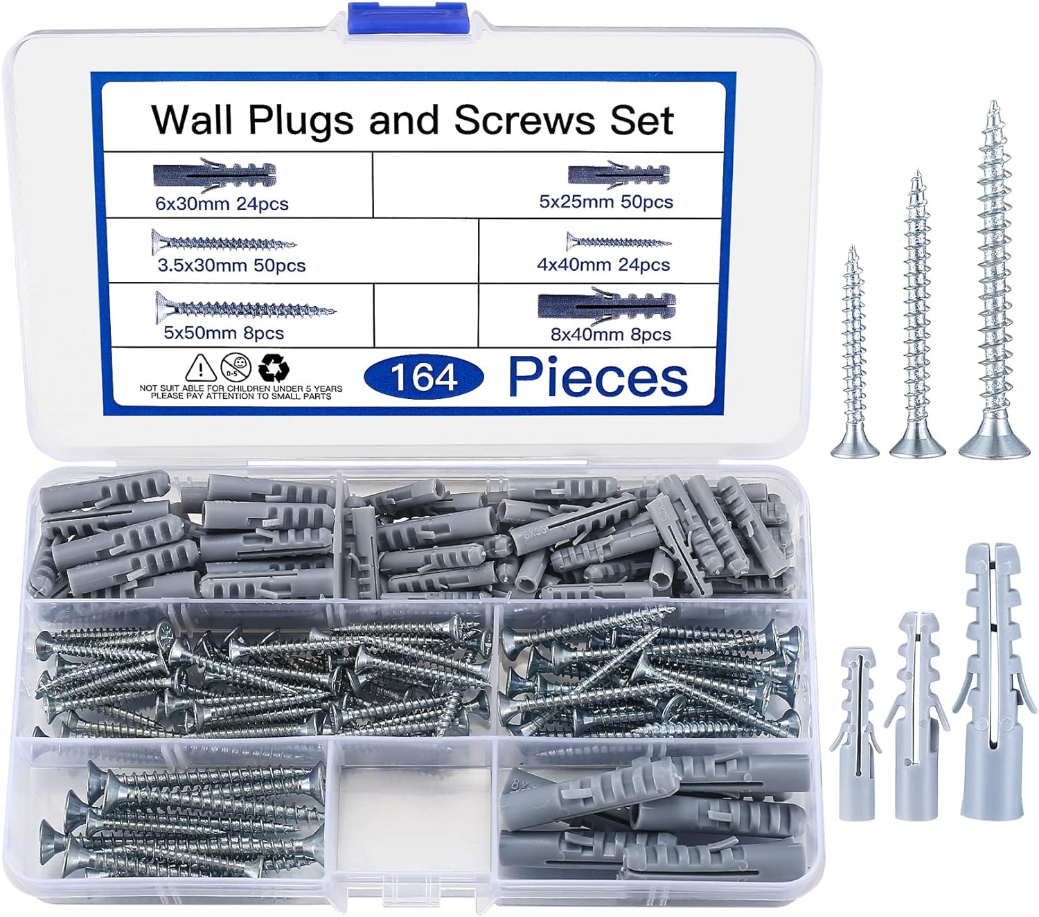 164 Pcs Screws and Wall Plugs Set(82 x Wall Raw Plugs, 82 x Plasterboard Fixings Screws), Masonry Brick Concrete Wall Fixings Self Drilling Screws and Wall Plugs Anchor Bolts, M3.5/M4/M5/M6/M8