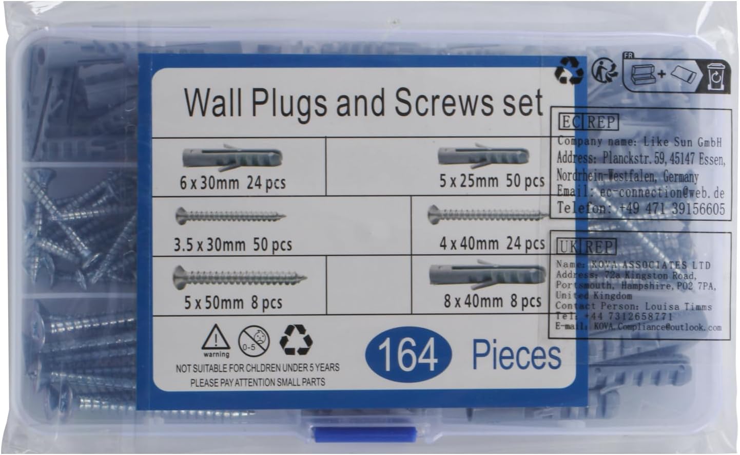 164 Pcs Screws and Wall Plugs Set(82 x Wall Raw Plugs, 82 x Plasterboard Fixings Screws), Masonry Brick Concrete Wall Fixings Self Drilling Screws and Wall Plugs Anchor Bolts, M3.5/M4/M5/M6/M8