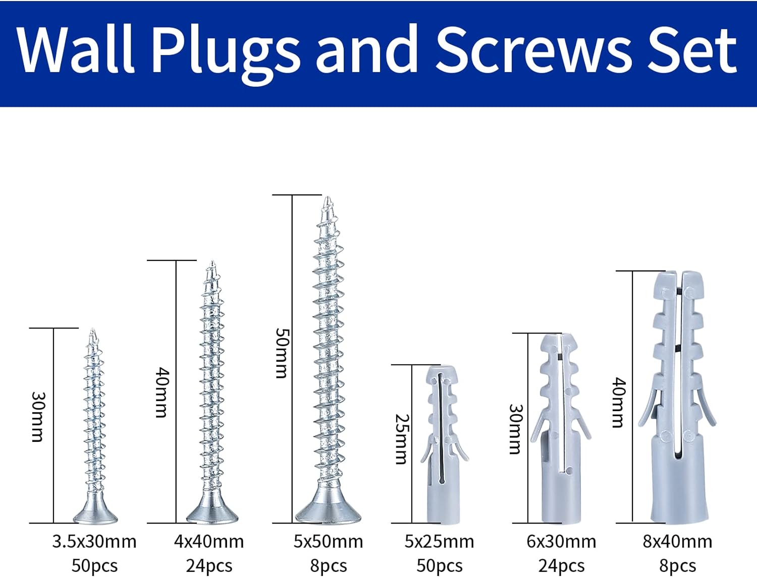 164 Pcs Screws and Wall Plugs Set(82 x Wall Raw Plugs, 82 x Plasterboard Fixings Screws), Masonry Brick Concrete Wall Fixings Self Drilling Screws and Wall Plugs Anchor Bolts, M3.5/M4/M5/M6/M8