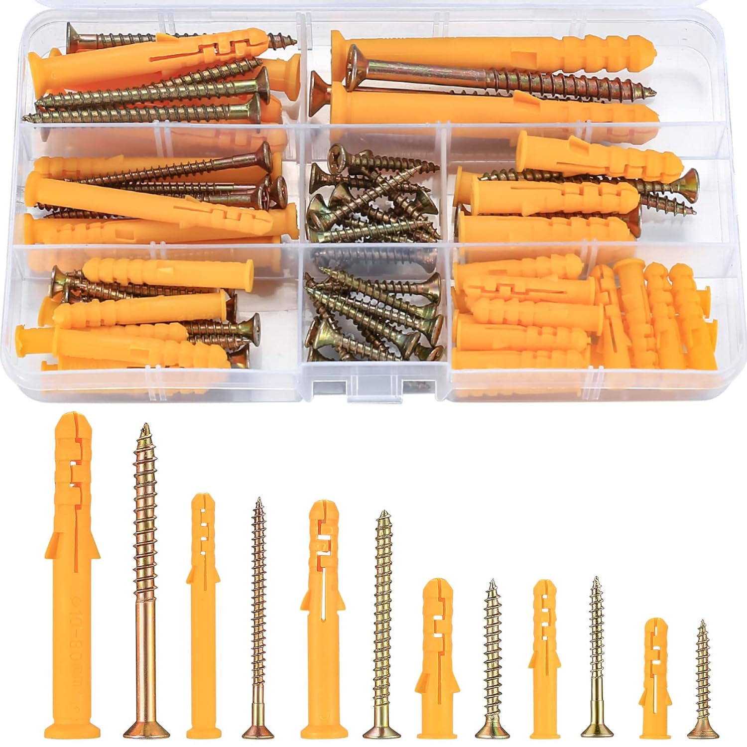 88 Pcs Wall Plugs and Screws Set(44 Masonry Self Tapping Screws, 44 Expansion Pipe Anchor Bolts), M6/M8/M10 Heavy Duty Wood Screws and Wall Plugs Kit for Brick, Concrete, Masonry, Drywall