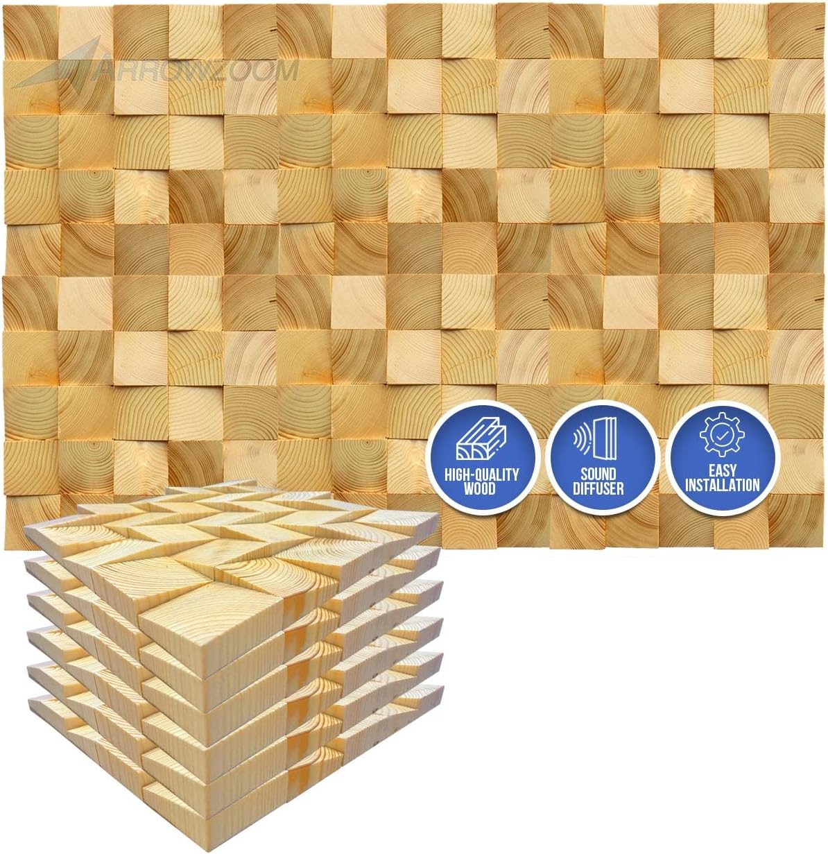 Arrowzoom 6 Geometric Style High-Grade Finland Wooden Wall Art Panel Room DIY Acoustic Sound Diffuser STC 27 Home Studio Wood Soundproofing Noise Reduction Wood Decor 30x30cm AZ1234