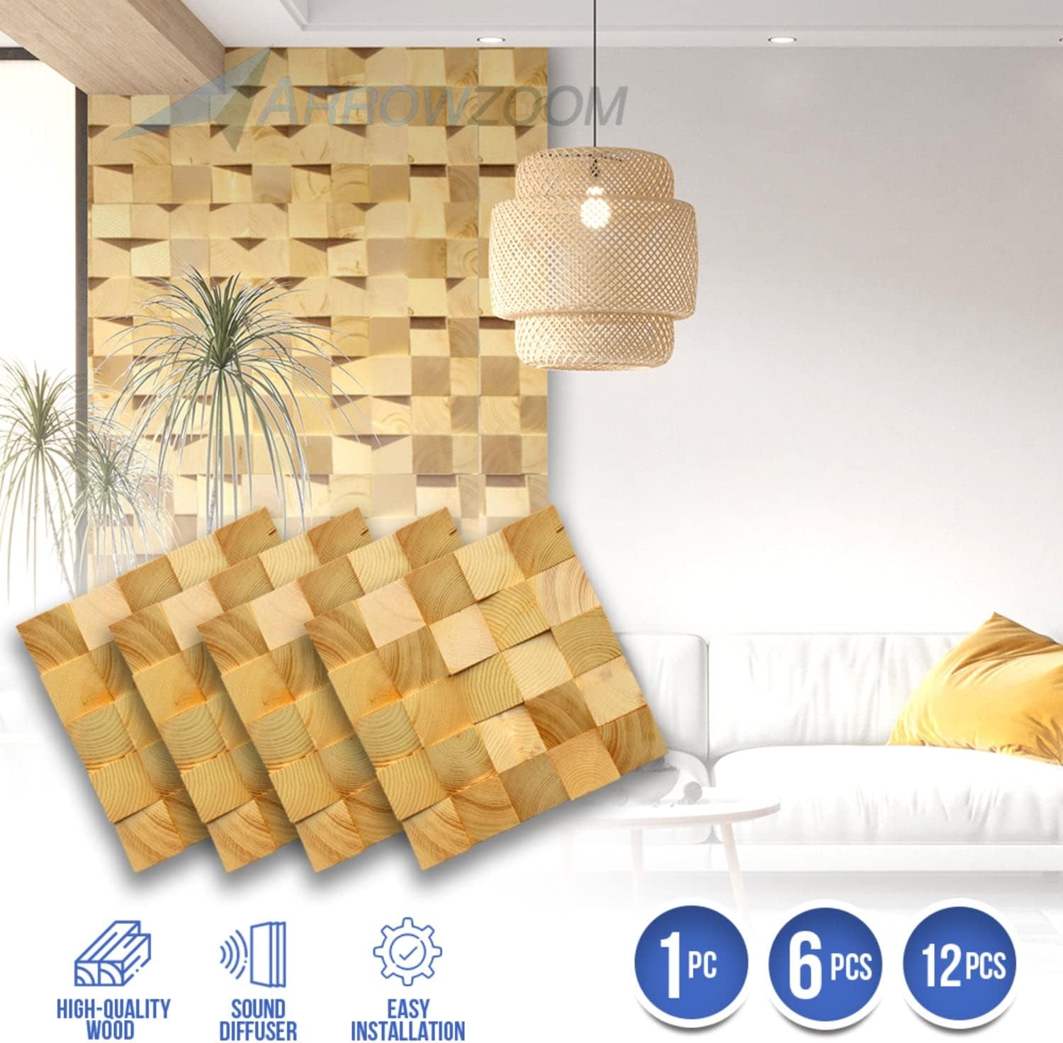 Arrowzoom 6 Geometric Style High-Grade Finland Wooden Wall Art Panel Room DIY Acoustic Sound Diffuser STC 27 Home Studio Wood Soundproofing Noise Reduction Wood Decor 30x30cm AZ1234