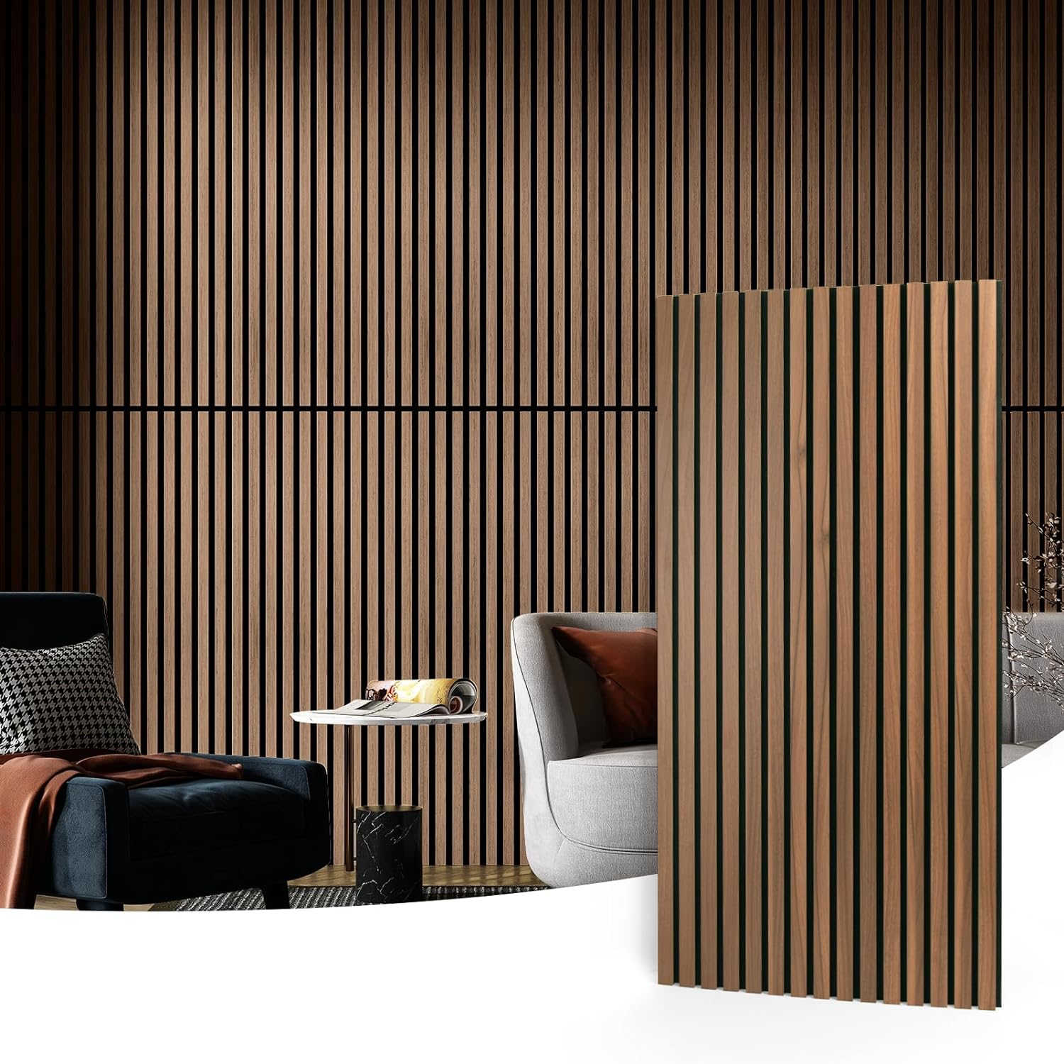 Art3d 2 Wood Slat Acoustic Panels for Wall and Ceiling - 3D Fluted Sound Absorbing Panel with Wood Finish - Walnut, A31115P2