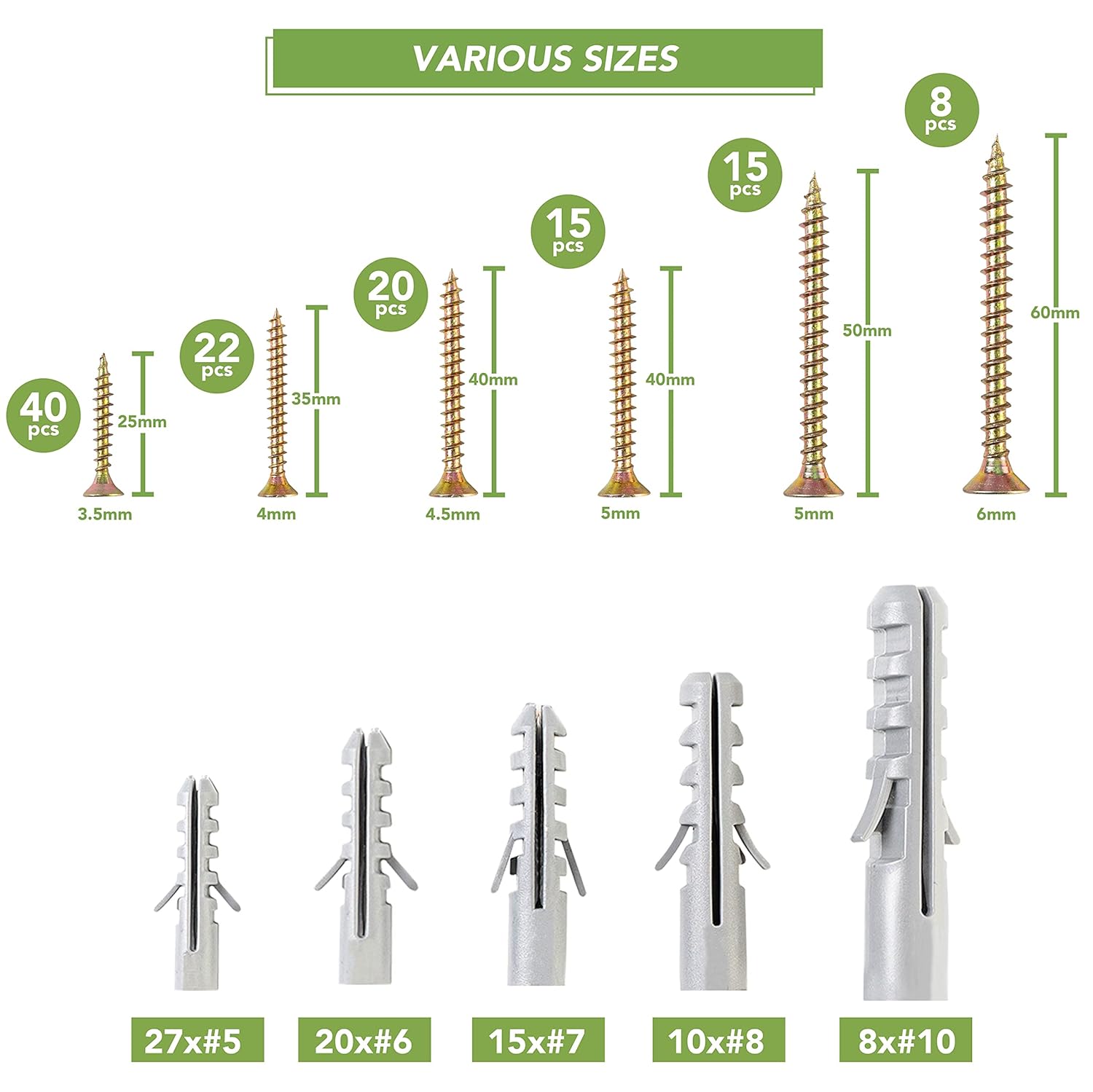 BLOSTM Screws and Wall Plugs Set 200 PCS - Heavy Duty Wall Plug Wood Screws Assortment for Drywall, Chipboard, Plaster, Brick - Countersunk Pozidrive Head Screws for DIY, Mounting Shelves/Furniture