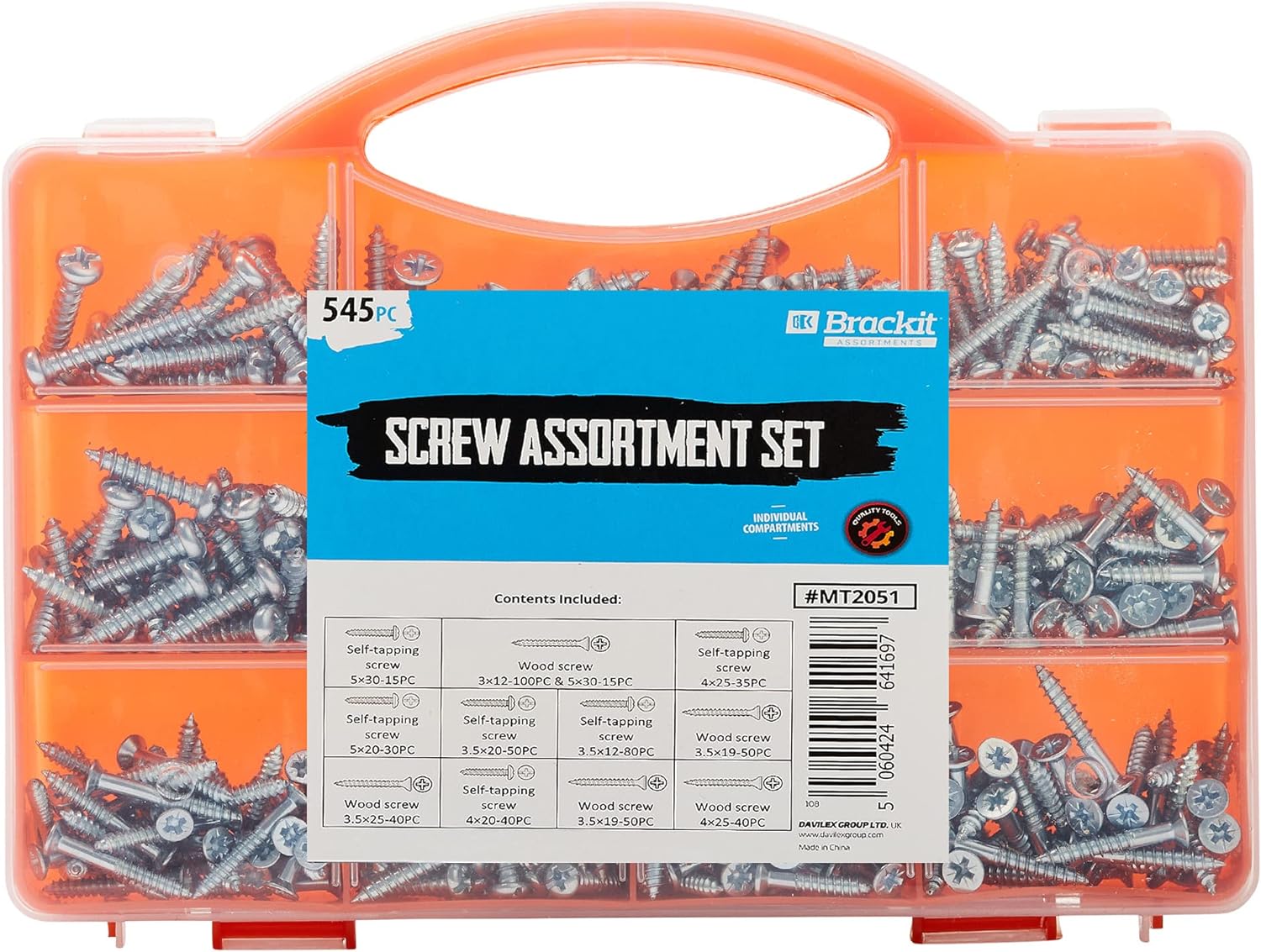 Brackit 545 Piece Self Tapping Screws Assortment Set – Secure Wood Screw Fastenings Kit – Assorted Sizes – For Repair, Maintenance Assembly (545 Piece)