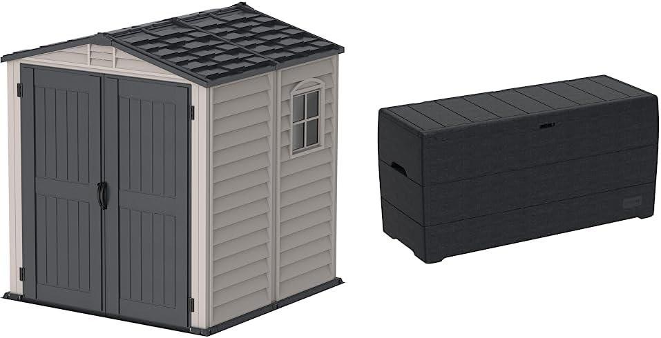 Duramax StoreMate 6 x 6 PLUS Plastic Garden Shed with Plastic Floor Fixed Window - Anthracite Adobe - 15 Years Warranty Cedargrain Durabox 270 Litre/ 71 Gallon plastic storage box, Outdoor