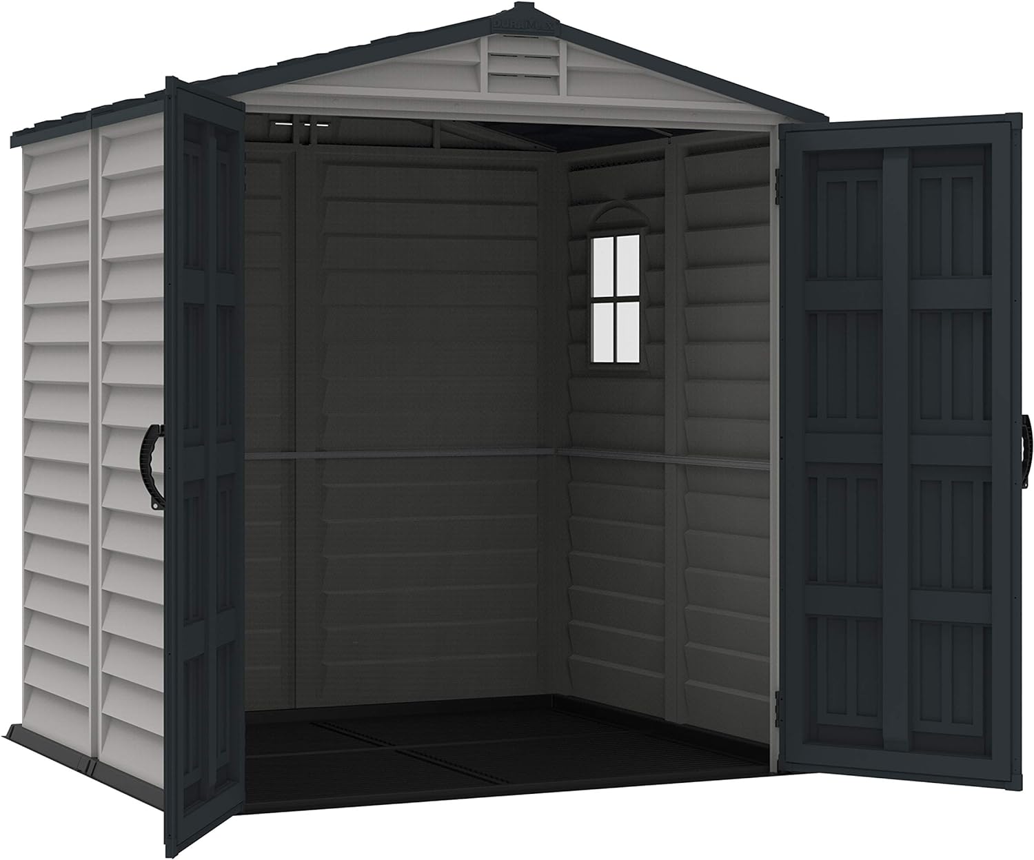 Duramax StoreMate 6 x 6 PLUS Plastic Garden Shed with Plastic Floor Fixed Window - Anthracite Adobe - 15 Years Warranty Cedargrain Durabox 270 Litre/ 71 Gallon plastic storage box, Outdoor