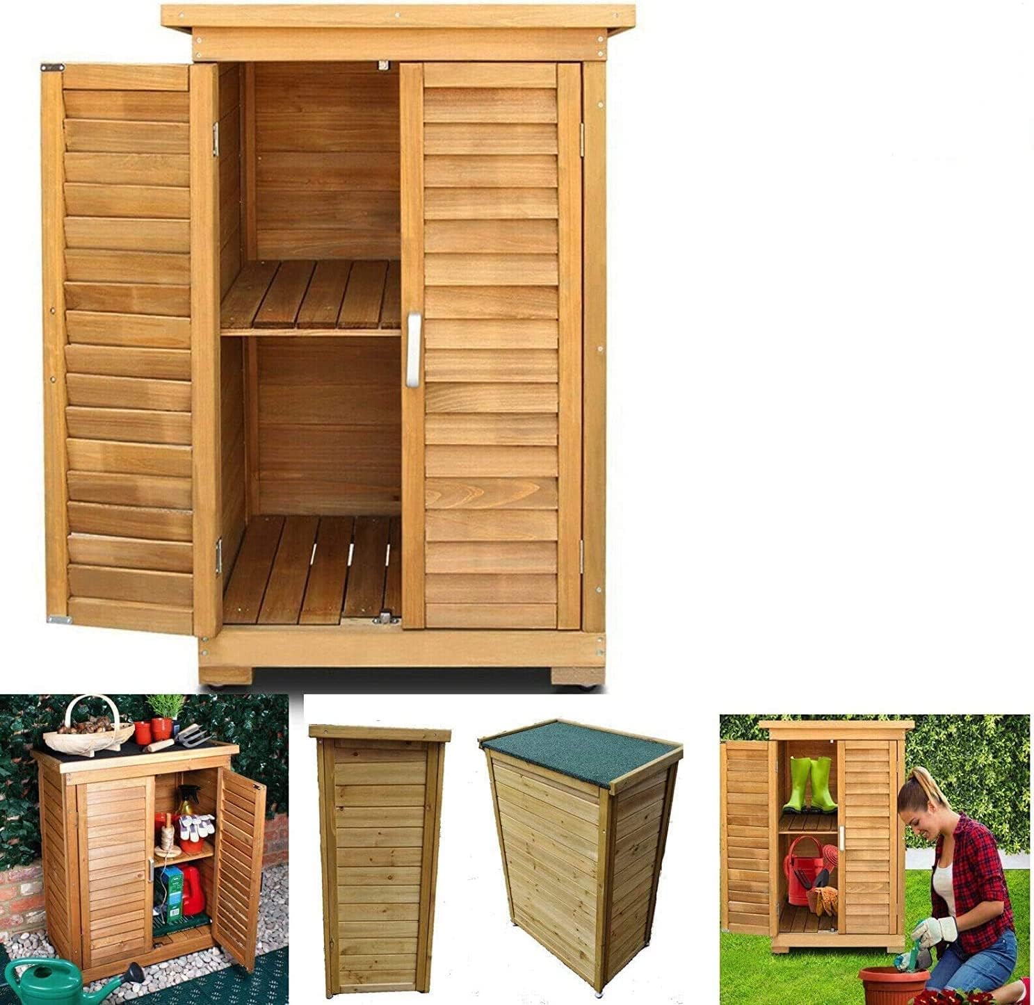 FEFE® Wooden Outdoor Garden Lawn Cabinet Tool Shed Shelf Cupboard Storage Shed Outdoor Storage Shed Chest Double Doors with Shelf Hinged Roof Compact