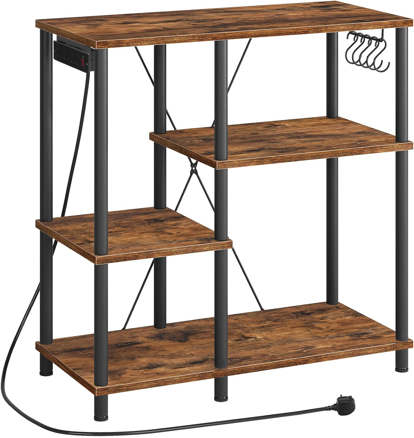 HOOBRO Bakers Rack with Power Outlet, Free Standing Kitchen Shelves, Kitchen Storage Unit, 4-Tier Microwave Stand with 5 S-Shaped Hooks for Dinning Room, Living Room, Rustic Brown and Black EBF07KHB01