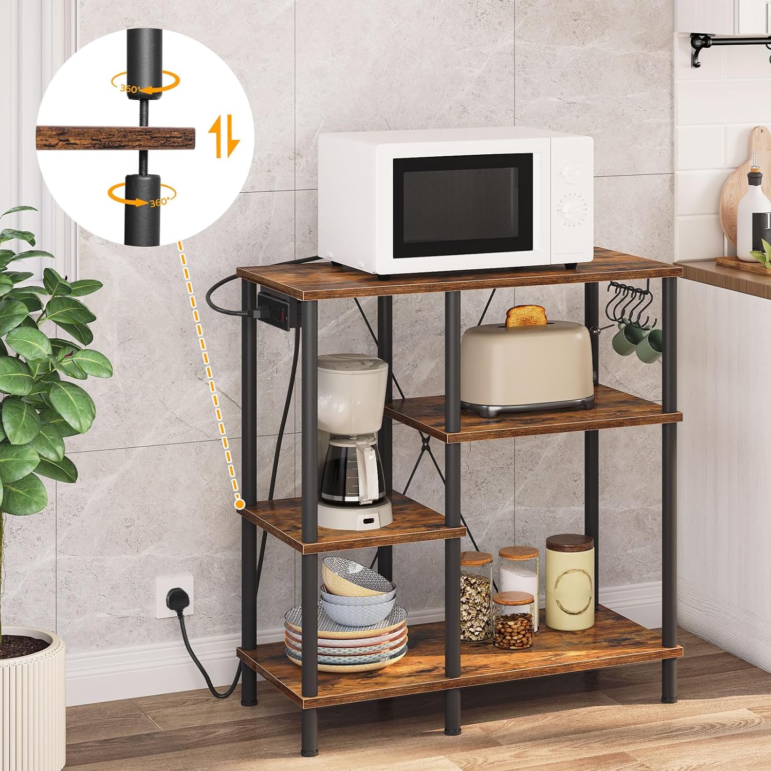 HOOBRO Bakers Rack with Power Outlet, Free Standing Kitchen Shelves, Kitchen Storage Unit, 4-Tier Microwave Stand with 5 S-Shaped Hooks for Dinning Room, Living Room, Rustic Brown and Black EBF07KHB01