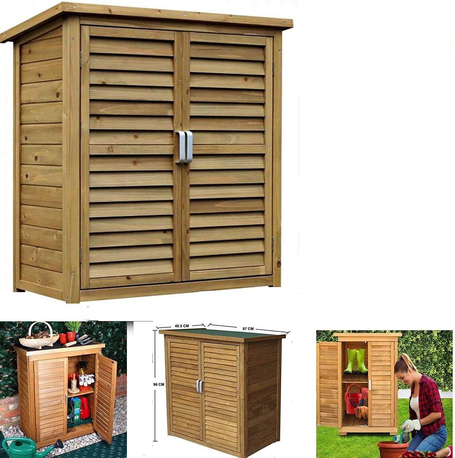 HYGRAD All Weather Wooden Outdoor Garden Lawn Cabinet Tool Shed Shelf Cupboard Storage Shed Outdoor Storage Shed Chest Double Doors with Shelf Hinged Roof Compact Size (Large: 87 x 46.5 x 96cm)