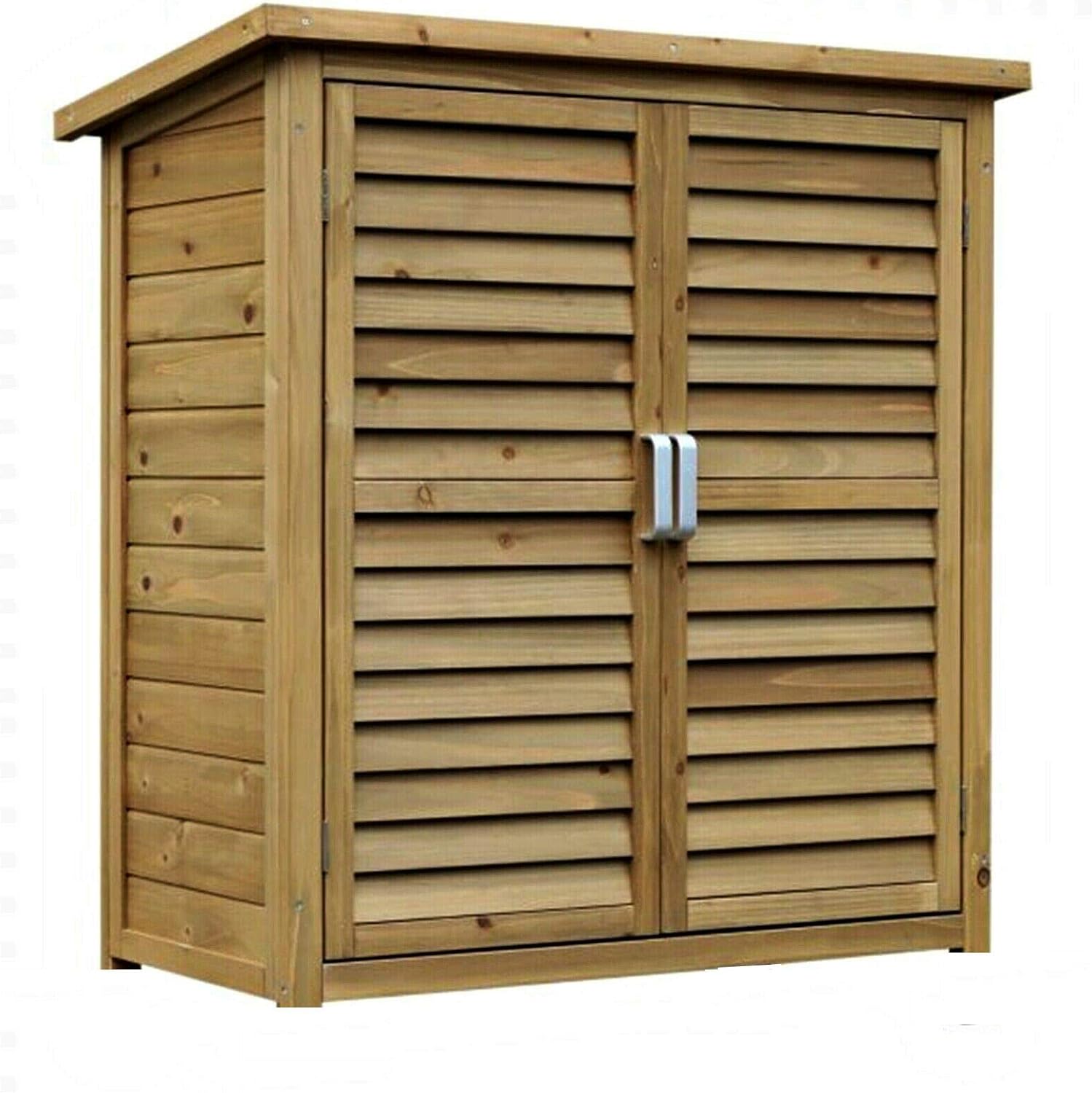 HYGRAD All Weather Wooden Outdoor Garden Lawn Cabinet Tool Shed Shelf Cupboard Storage Shed Outdoor Storage Shed Chest Double Doors with Shelf Hinged Roof Compact Size (Large: 87 x 46.5 x 96cm)