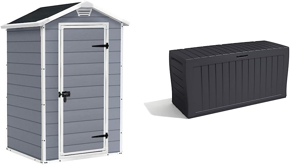 Keter Manor Outdoor Garden Storage Shed, Grey, 4 x 3 ft Marvel+ 270L Outdoor Garden Storage Box Garden Furniture - Graphite Grey