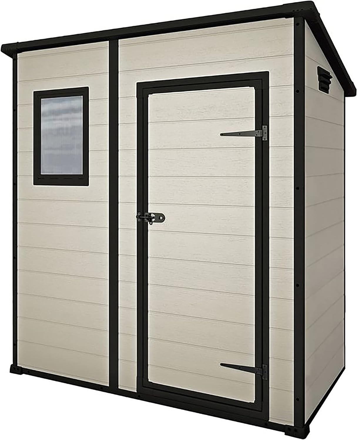 Keter Manor Outdoor Pent Single Door Garden Storage Shed 6 x 4ft Beige Brown Wood Effect Fade Free All Weather Resistant Safe And Secure Zero Maintenance 15 year Warranty