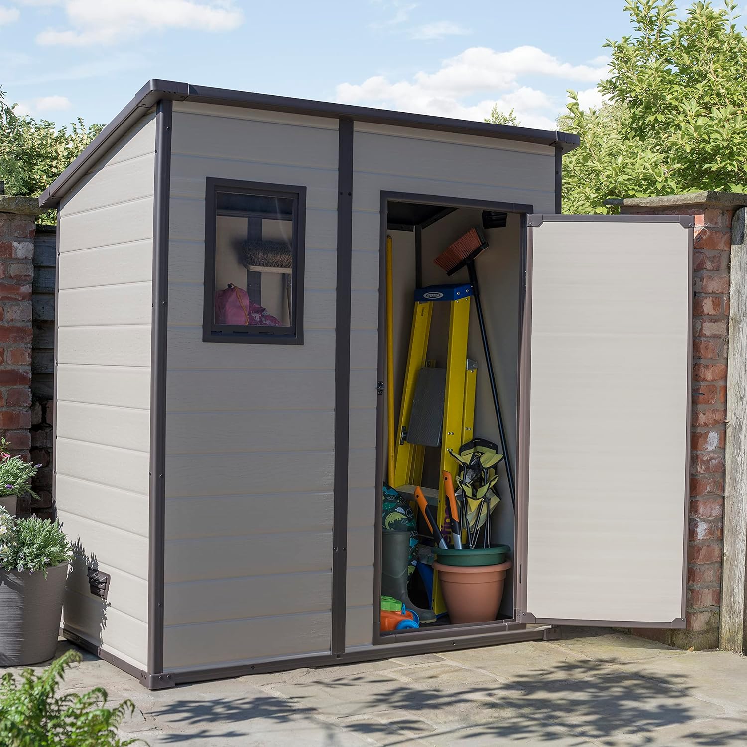 Keter Manor Outdoor Pent Single Door Garden Storage Shed 6 x 4ft Beige Brown Wood Effect Fade Free All Weather Resistant Safe And Secure Zero Maintenance 15 year Warranty