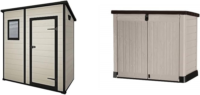 Keter Manor Outdoor Pent Single Door Garden Storage Shed 6 x 4ft Beige Brown Wood Effect Fade Free All Weather Resistant Safe And Secure Zero Maintenance 15 year Warranty