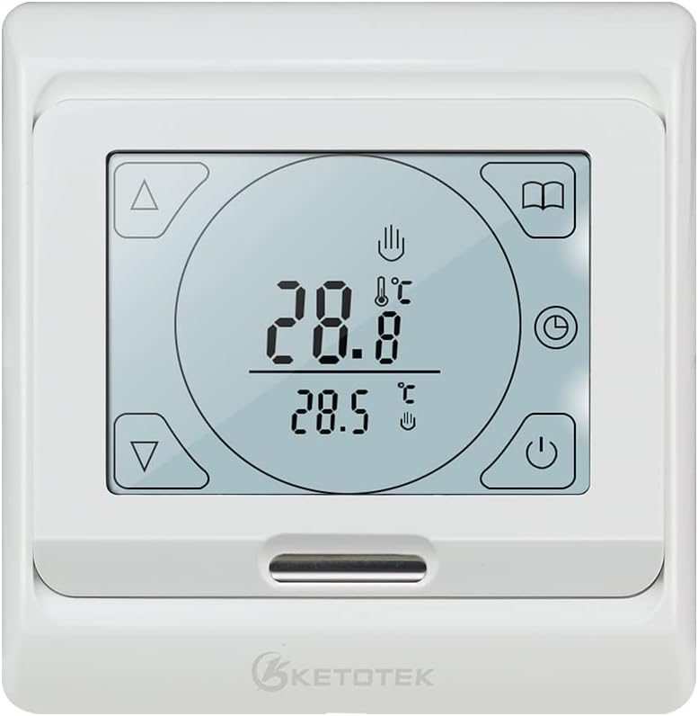 KETOTEK Electric Underfloor Heating Thermostats Programmable 16A, Digital Room Thermostat for Under Floor Heating with External Sensor Probe LCD Touch Screen