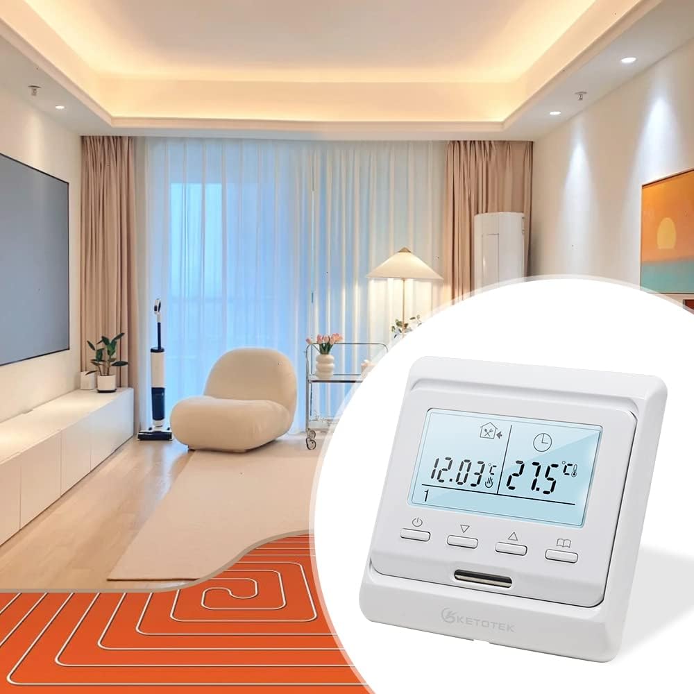 KETOTEK Electric Underfloor Heating Thermostats Programmable 16A, Digital Room Thermostat for Under Floor Heating with External Sensor Probe LCD Touch Screen