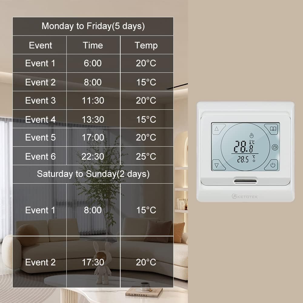 KETOTEK Electric Underfloor Heating Thermostats Programmable 16A, Digital Room Thermostat for Under Floor Heating with External Sensor Probe LCD Touch Screen