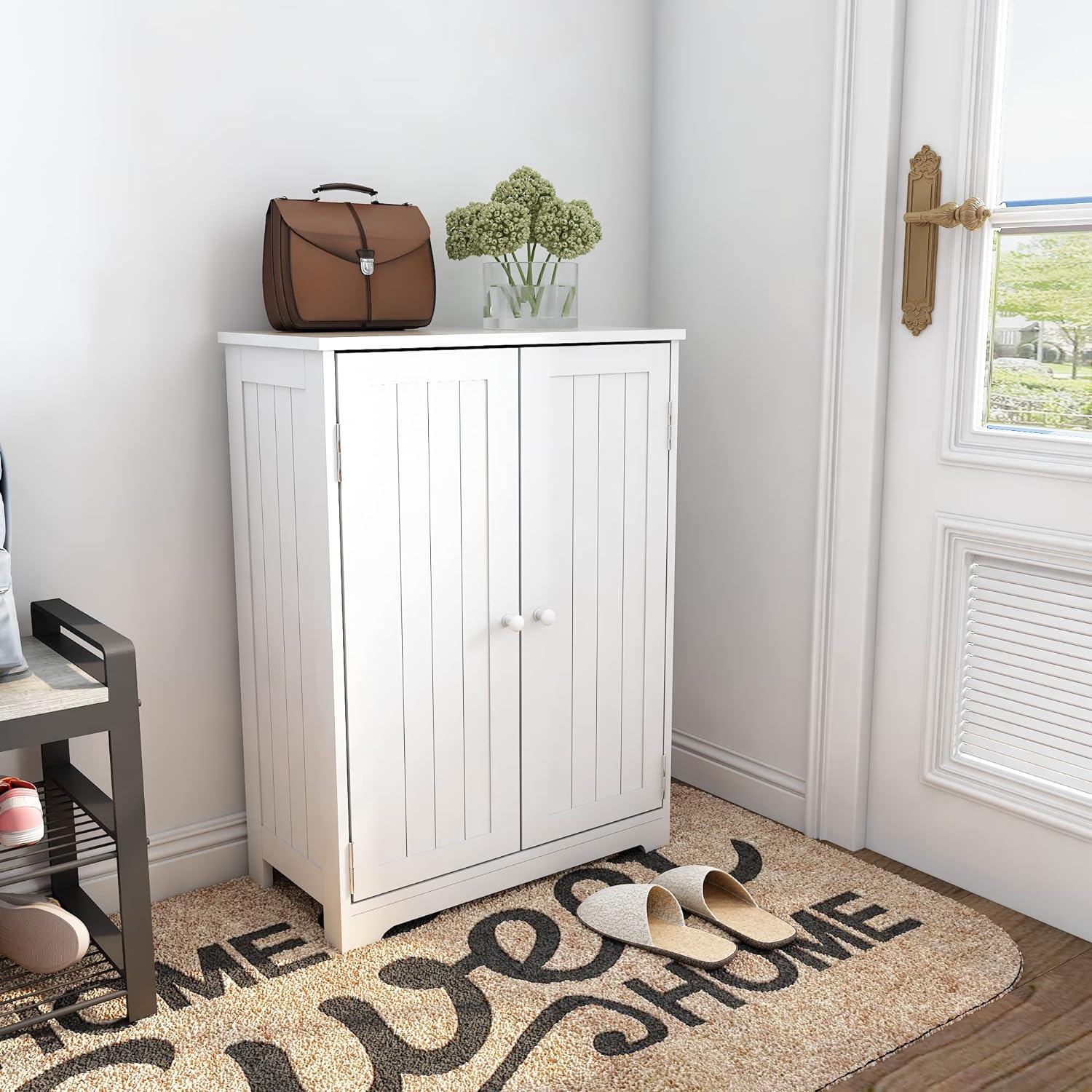 Meerveil Bathroom Storage Cabinet Sideboard White 60x 30x 80 cm Free Standing MDF Painted 180° Open 2 Doors 3 Shelves (1 Adjustable)