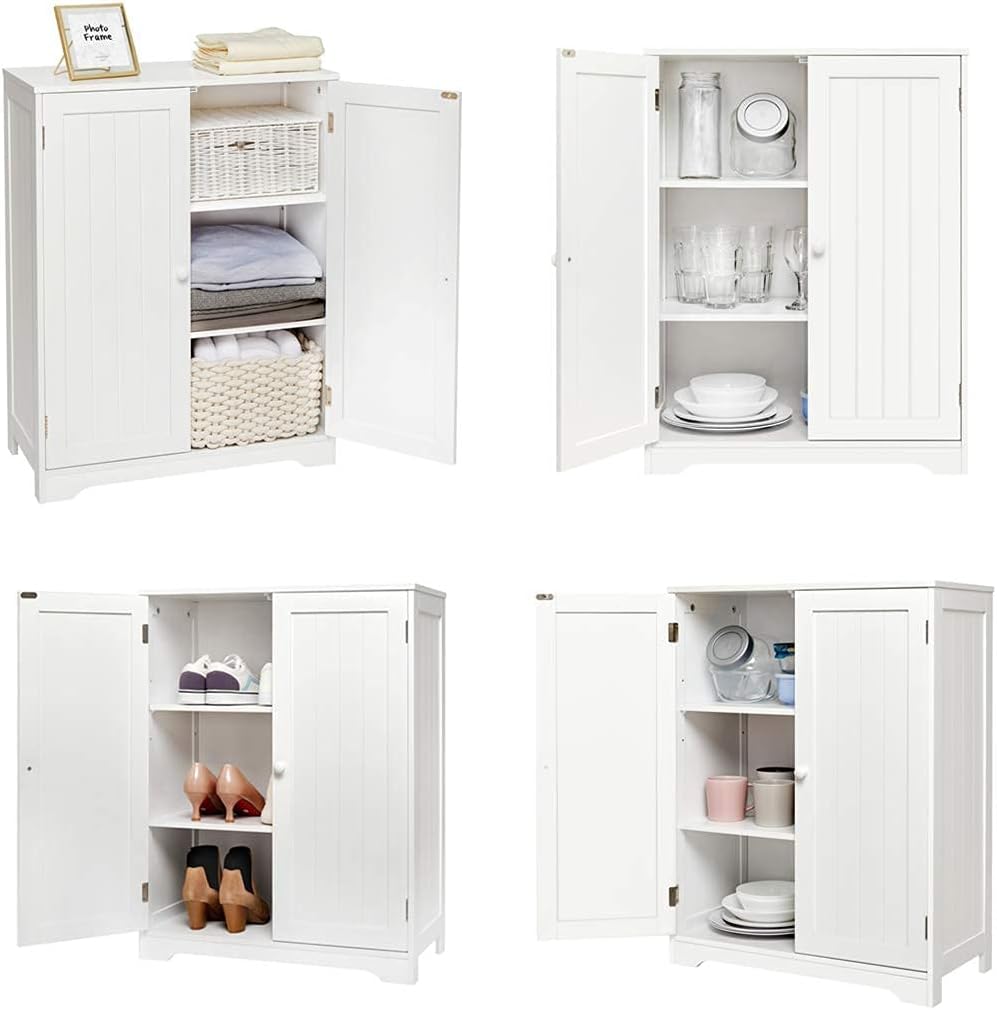 Meerveil Bathroom Storage Cabinet Sideboard White 60x 30x 80 cm Free Standing MDF Painted 180° Open 2 Doors 3 Shelves (1 Adjustable)