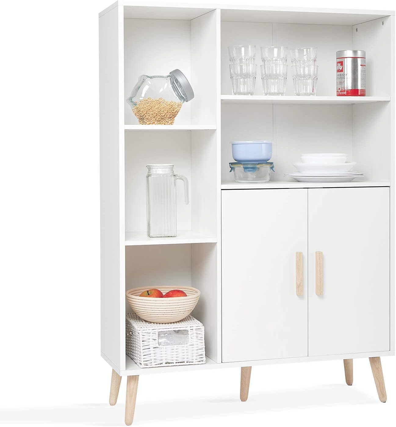 Mondeer Sideboard Storage Cabinet Cupboard 2 Doors 5 Compartments Adjustable Partition Wooden Modern Style for Living Room Bedroom Kitchen 85 x 30 x 120 cm, White