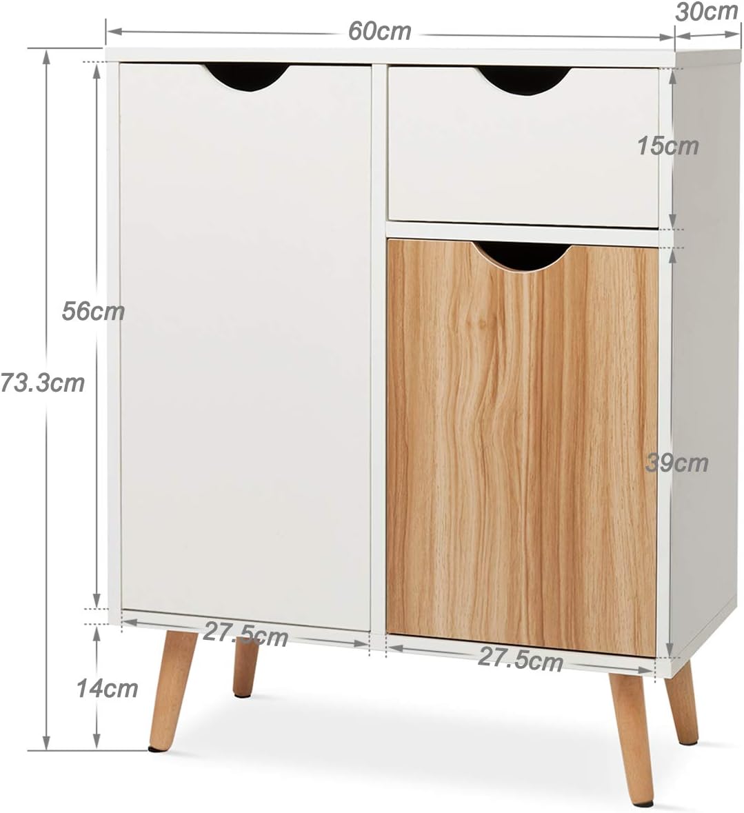 Mondeer Sideboard Storage Cabinet, Cupboard with Drawer and 2 Doors Free Standing Wooden for Living Room Bedroom Kitchen