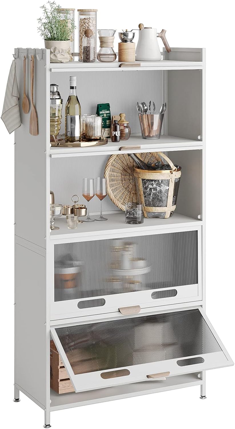 NETEL Kitchen Storage Unit,Kitchen Cabinets, Kitchen Cupboard with Wheels and Transparent Door,Kitchen Furniture,Pantry Cupboard,Bakers Rack,Kitchen Standing Shelf Unit