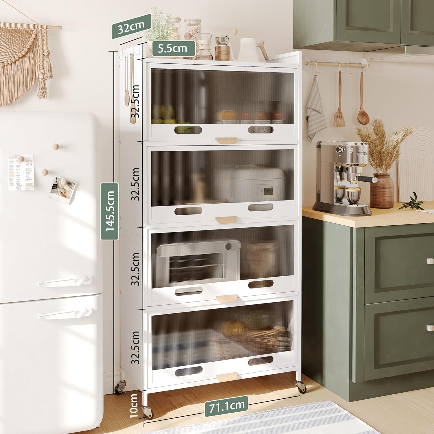 NETEL Kitchen Storage Unit,Kitchen Cabinets, Kitchen Cupboard with Wheels and Transparent Door,Kitchen Furniture,Pantry Cupboard,Bakers Rack,Kitchen Standing Shelf Unit