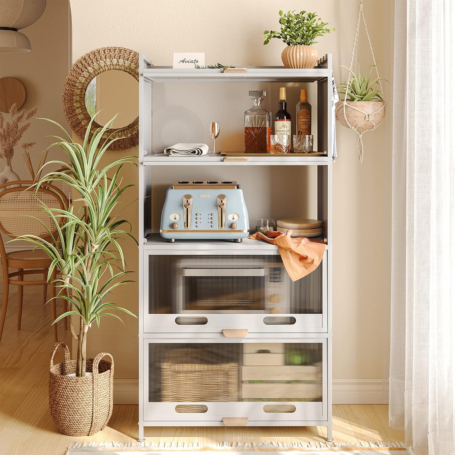 NETEL Kitchen Storage Unit,Kitchen Cabinets, Kitchen Cupboard with Wheels and Transparent Door,Kitchen Furniture,Pantry Cupboard,Bakers Rack,Kitchen Standing Shelf Unit