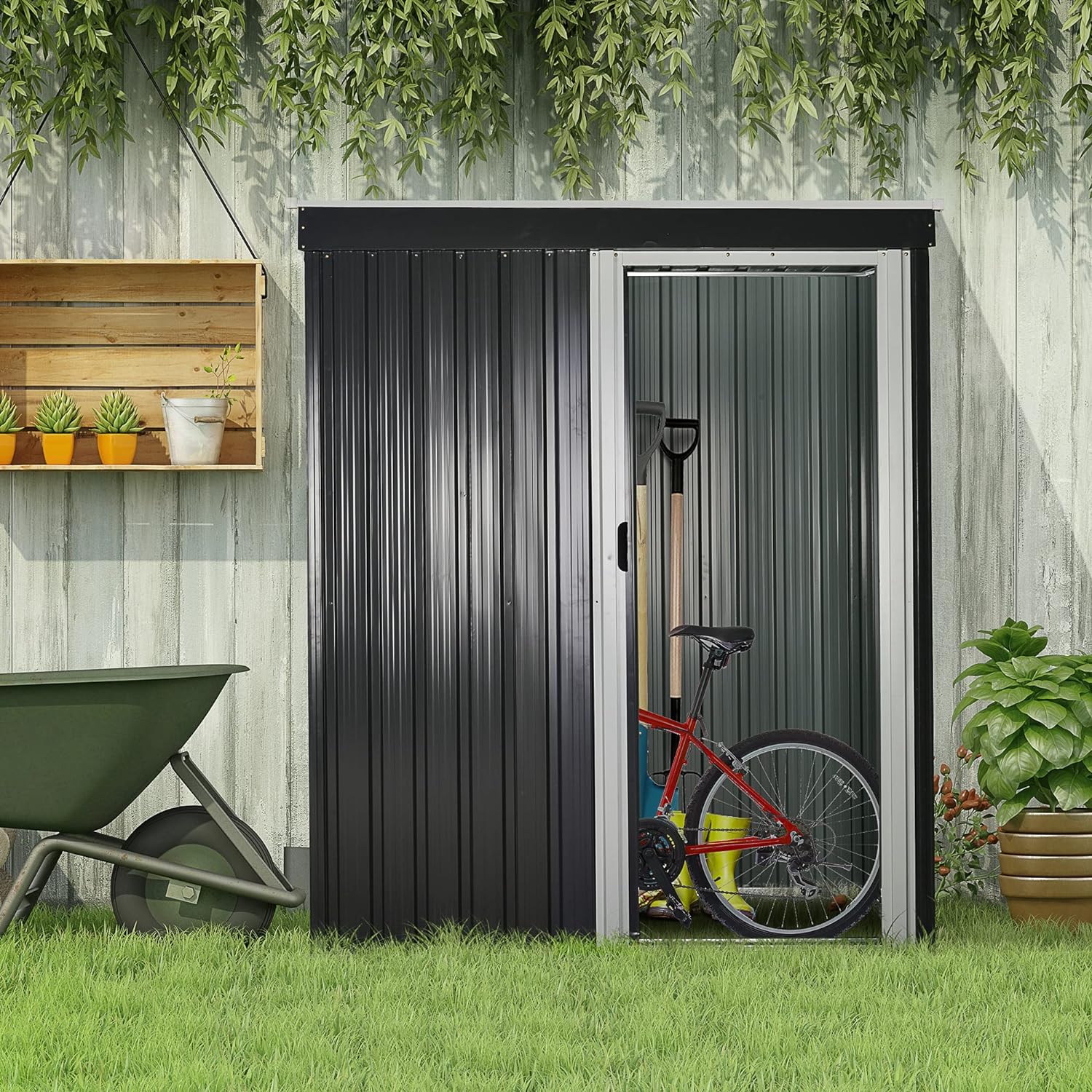 Outsunny 5 x 3ft Garden Storage Shed with Sliding Door and Sloped Roof, Lean to Outdoor Equipment Tool Shed for Garden, Black