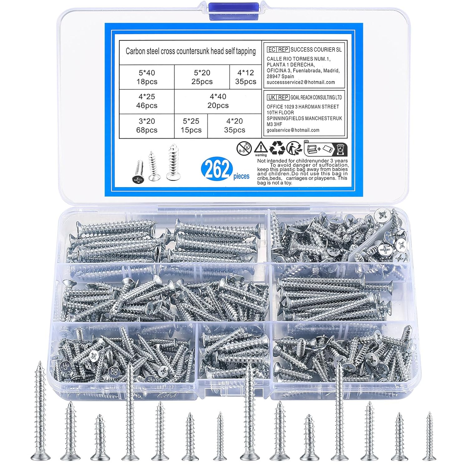 Phillips Flat Head Self-Tapping Screws Assortment Kit, 262 Pcs Countersunk Head Self Tapping Screws Assortment Set, Self Drilling Wood Screws Set for Metal, Wood - M3/M4/M5 (A)