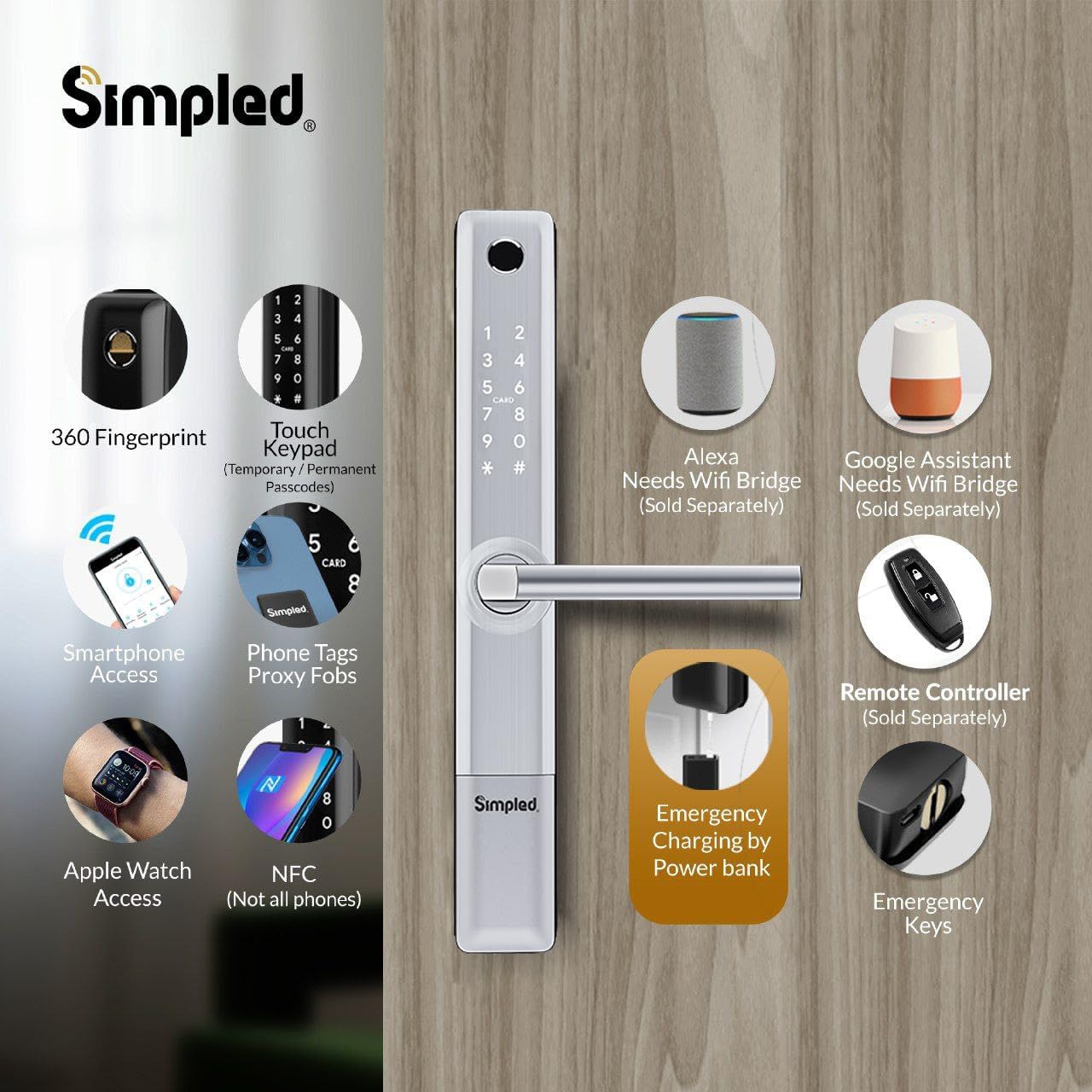 Simpled Weatherproof SlimSeries Smart Entry Door Lock Touch, 7-in-1, Fingerprint Keyless Security, Bluetooth Electronic Deadbolt, Smartphone Access - Designed for The UK Weather, Matt Black