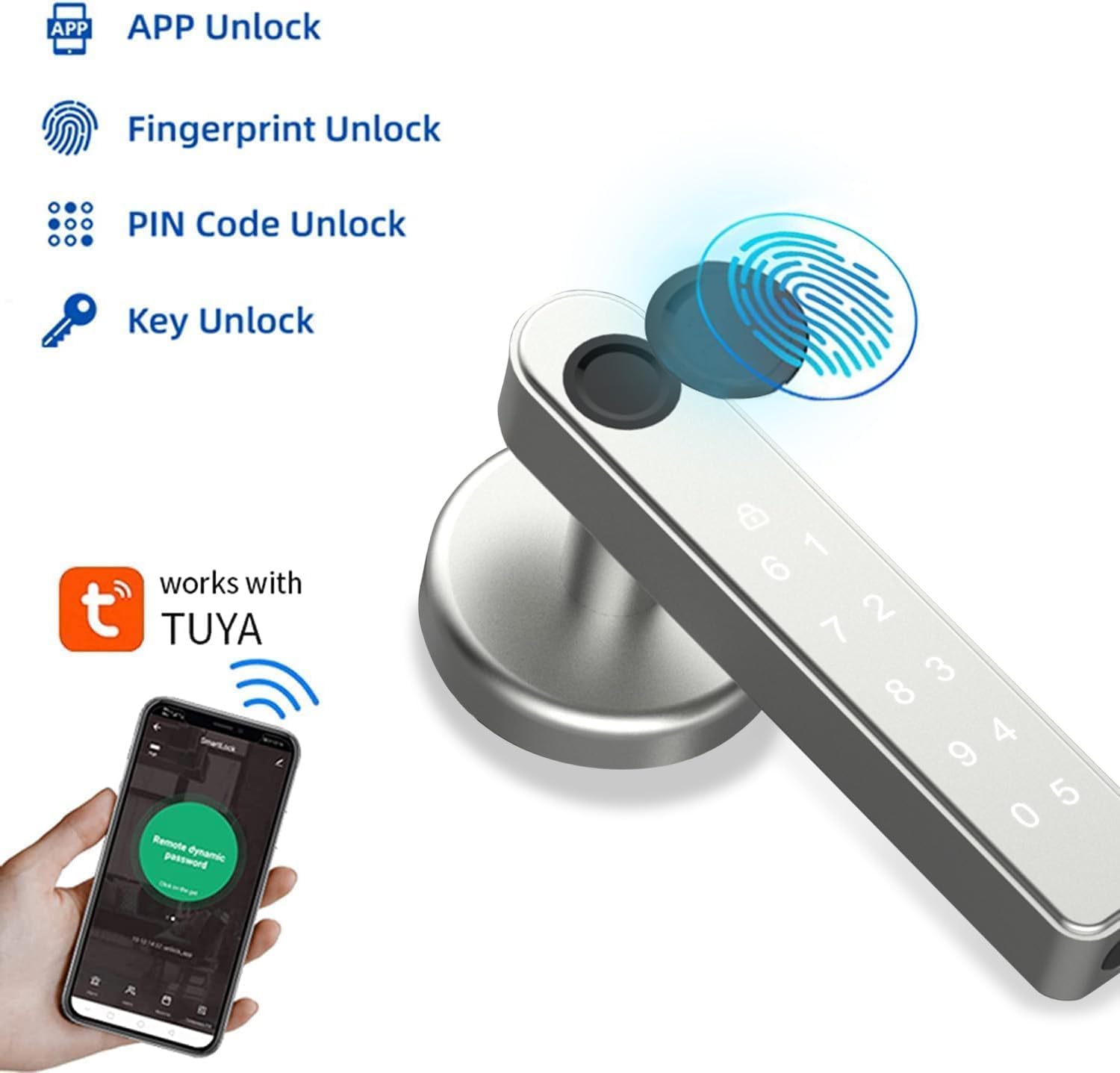 Smart Lock: TEKXDD Smart Door Lock Silvery Handle Electronic Keyboard Password Bluetooth Biometric Identification Fingerprint Key Digital WiFi Electronic Touch Front Door Home Office Apartment