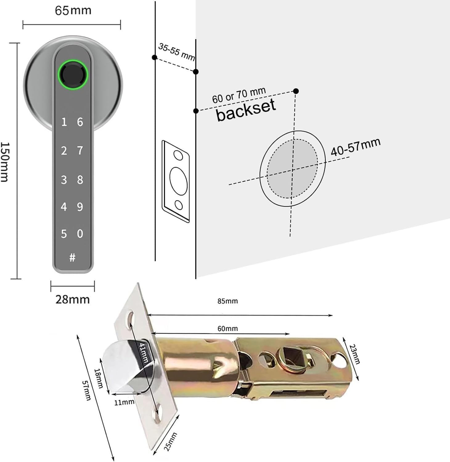 Smart Lock: TEKXDD Smart Door Lock Silvery Handle Electronic Keyboard Password Bluetooth Biometric Identification Fingerprint Key Digital WiFi Electronic Touch Front Door Home Office Apartment