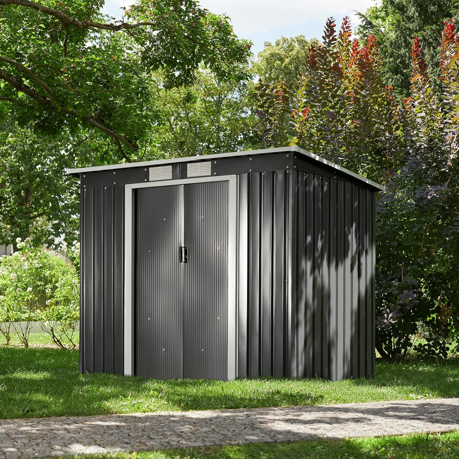 tectake 800435 Shed with slented roof | Metal garden tool storage outbuilding | Spacious for all gardening and workshop equipment (Grey White)