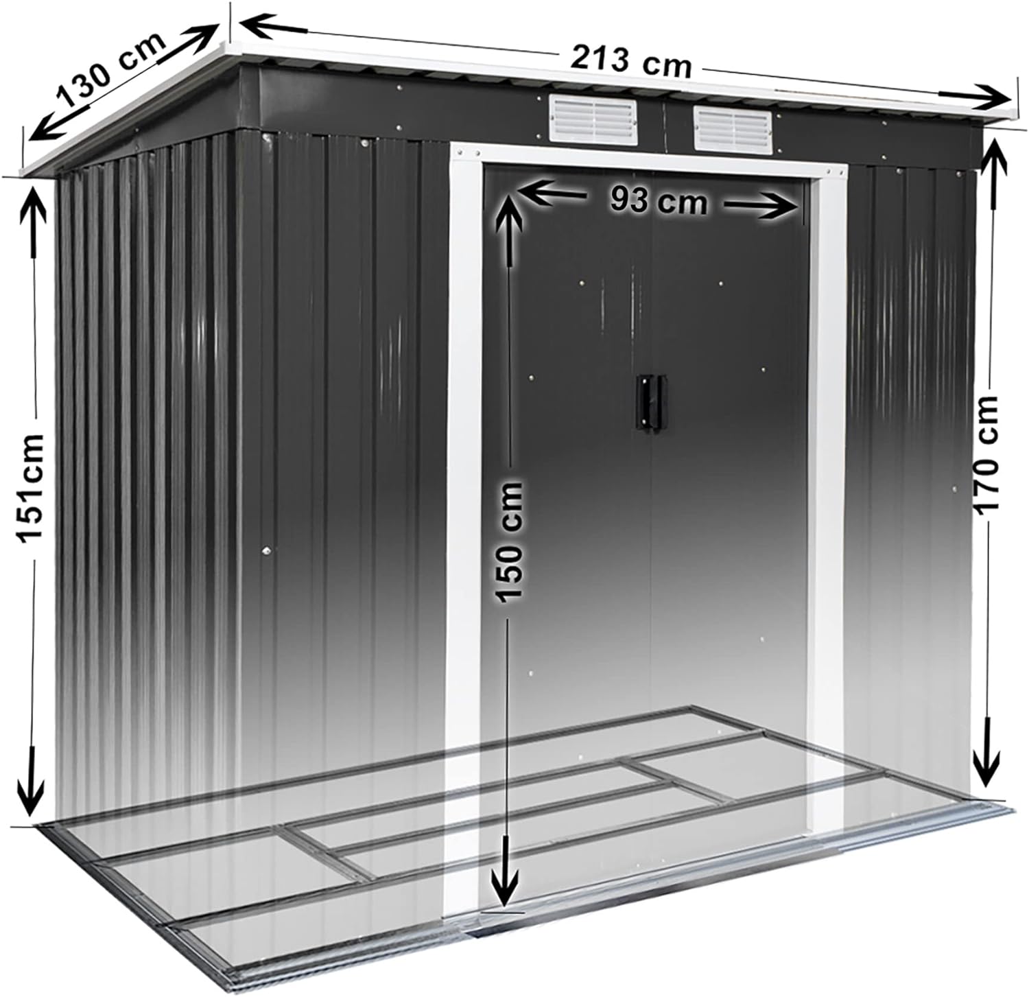 tectake 800435 Shed with slented roof | Metal garden tool storage outbuilding | Spacious for all gardening and workshop equipment (Grey White)