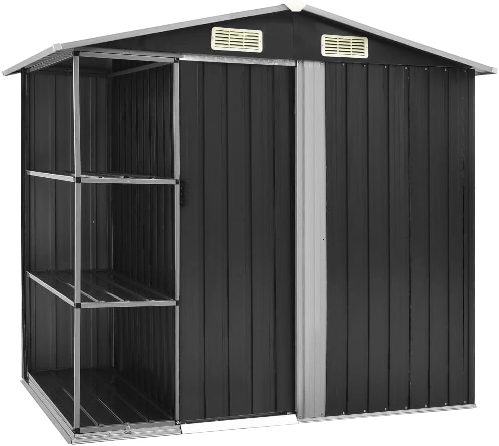 vidaXL Garden Shed with Rack Outdoor Patio Backyard Courtyard Porch Storage House Tool Lawn Care Equipment Building Anthracite 205x130x183cm Iron