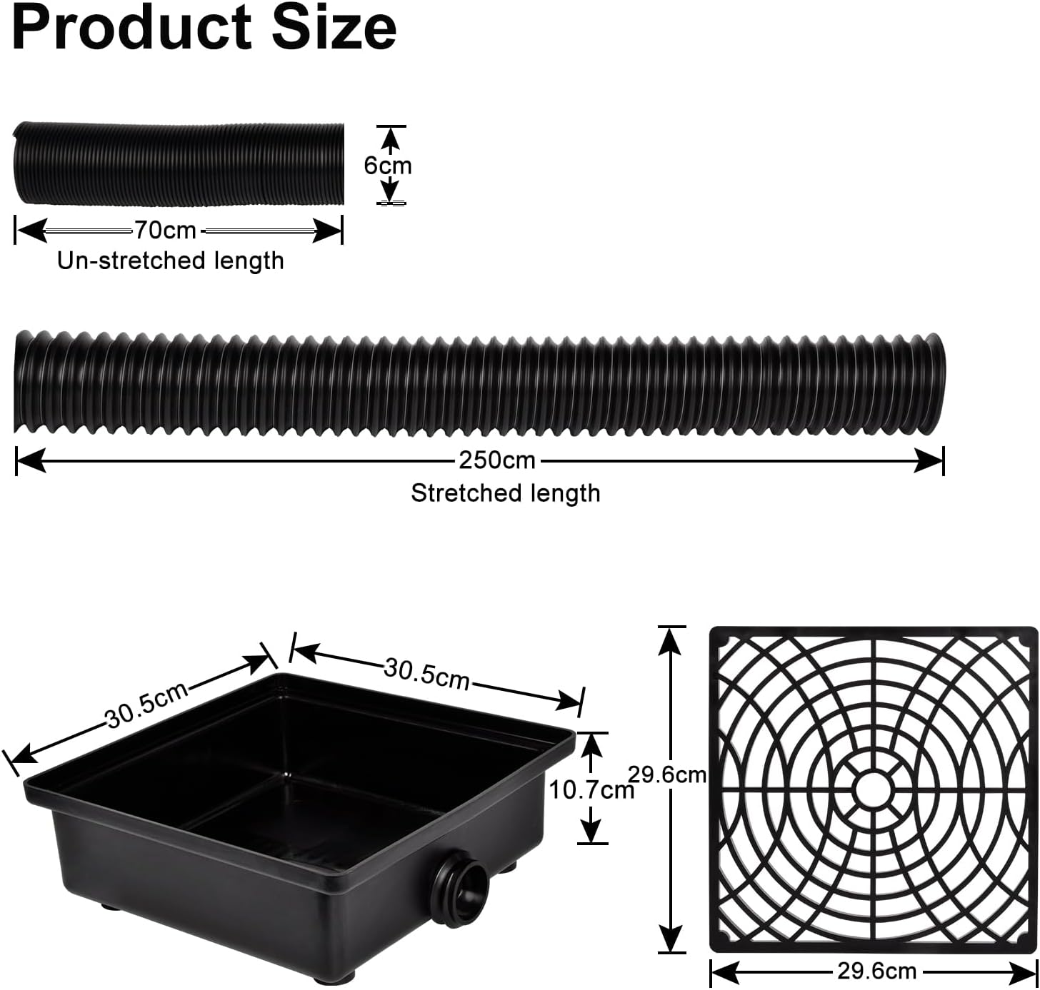 VIEWZONE Square Catch Basin Drain Kit, 12×12inch(30.5×30.5cm) Low Profile Catch Basin Drainage Downspout Extension Kit with Flexible Pipe, No Deep Dig Needed, Pipe Stretched Length 250cm