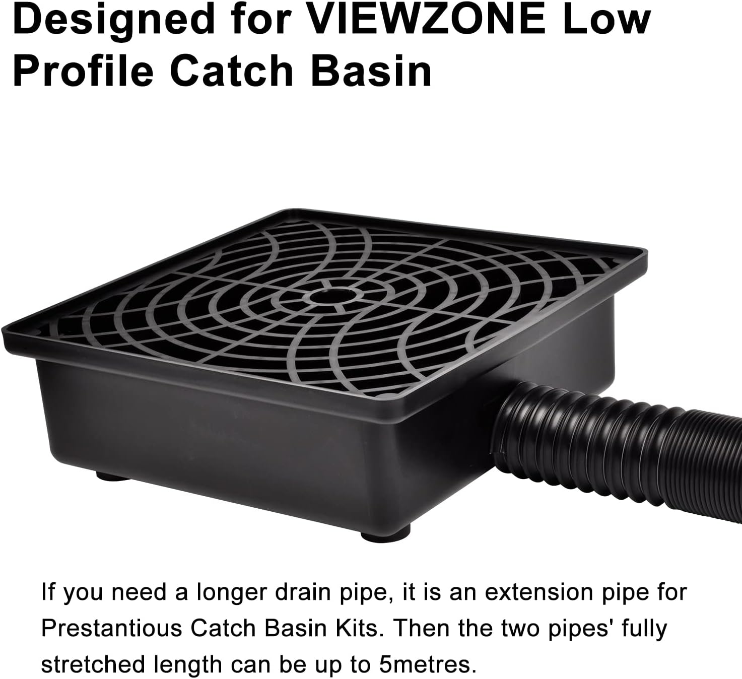 VIEWZONE Square Catch Basin Drain Kit, 12×12inch(30.5×30.5cm) Low Profile Catch Basin Drainage Downspout Extension Kit with Flexible Pipe, No Deep Dig Needed, Pipe Stretched Length 250cm