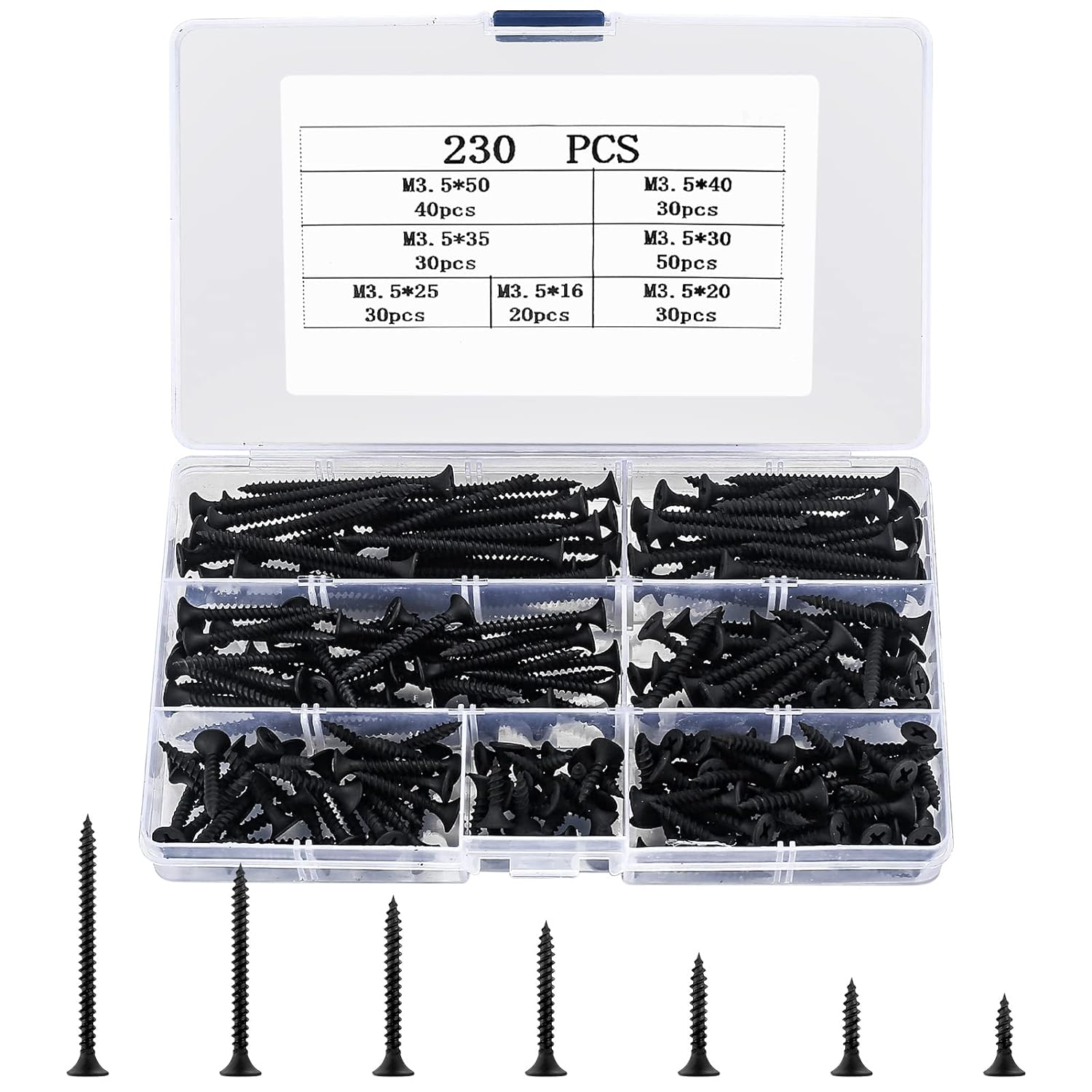 wugongshan 230 Pcs M3.5 Self Tapping Wood Screws Assortment Set, Black Self Drilling Drywall Screws, Carbon Steel Countersunk Head Flat Round Head Plasterboard Screws for DIY Woodworking Metal Screws