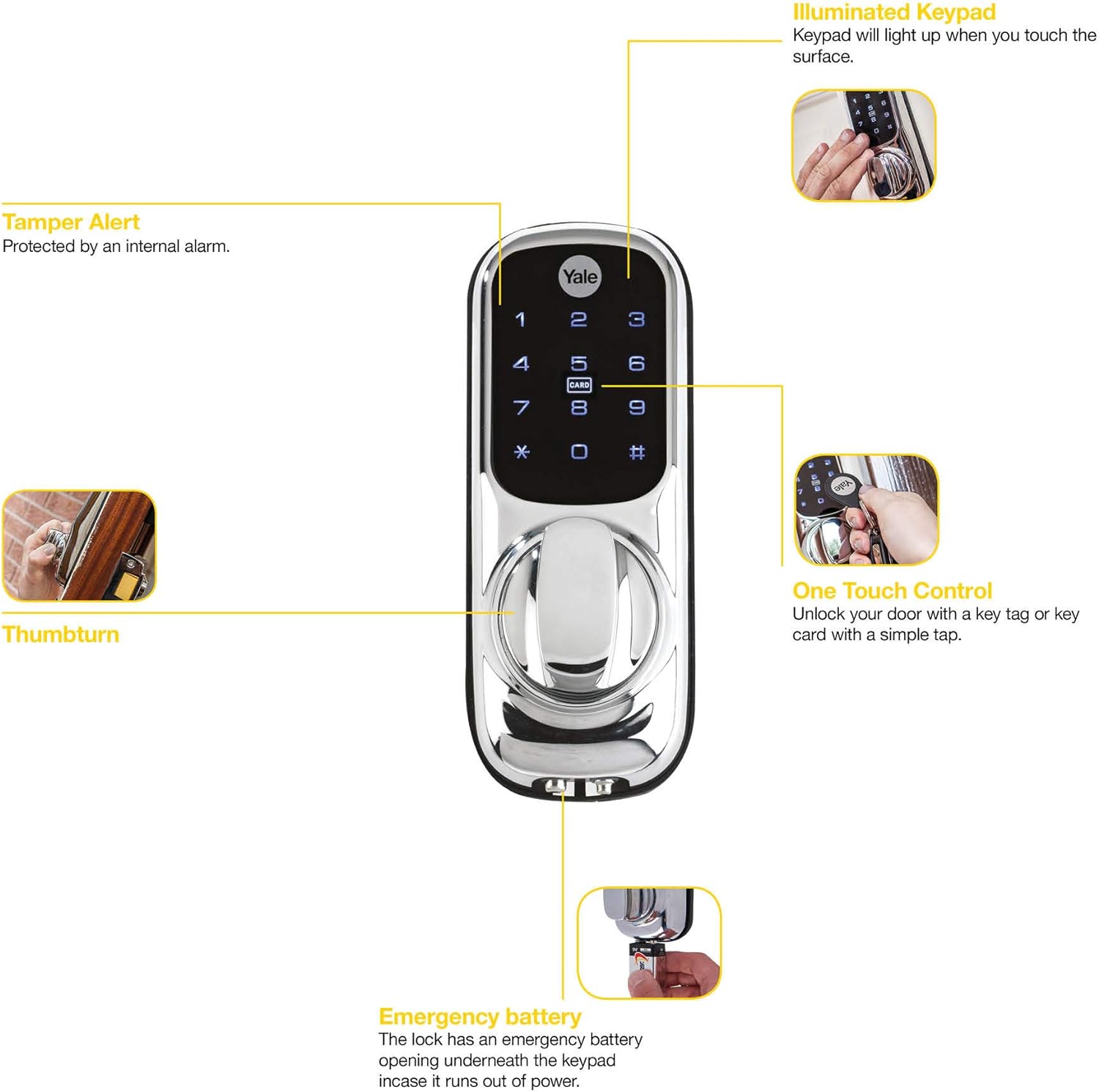 Yale Keyless Connected Door Lock - Chrome - No Key Needed, Lock/Unlock with PIN Code, Key Tag, Key Fob, Key Card, Phone Tag, Compatible with 60 mm Nightlatch [Energy Class A+]