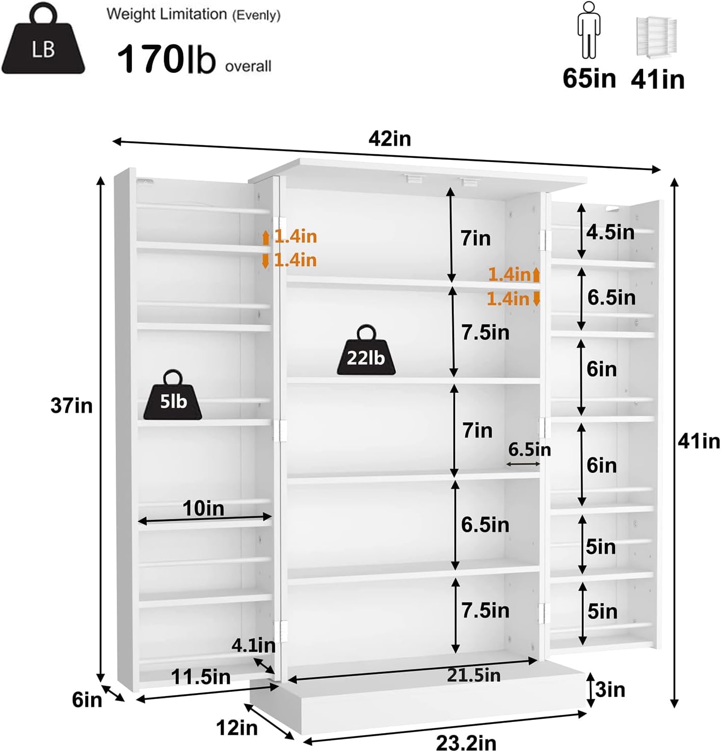 Yusong Kitchen Pantry Storage Cabinet Cupboard with Doors and 6 Adjustable Shelves for Small Space, Farmhouse Pantries Organization Cabinet for Dining Room, Living Room, White