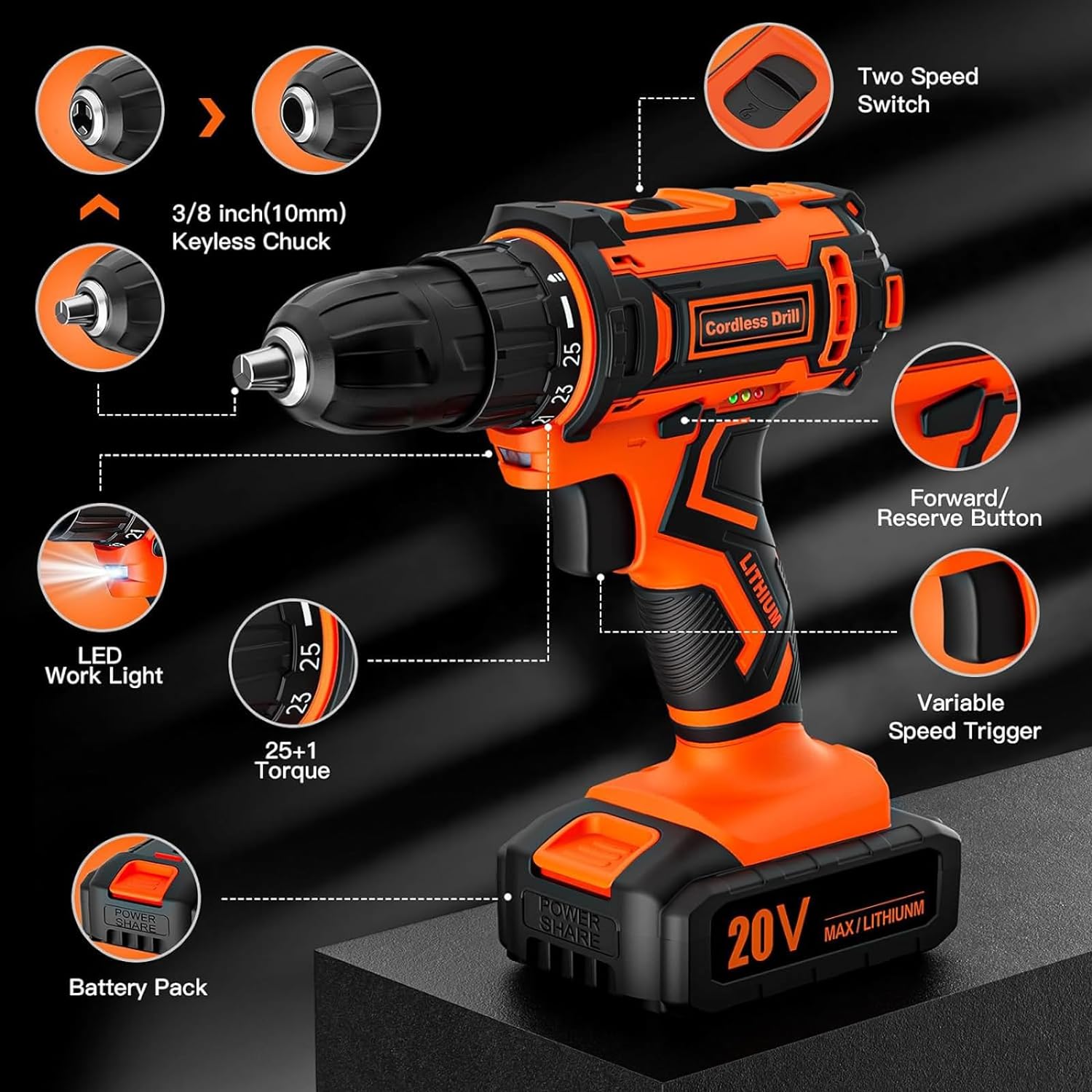 Acmaker Cordless Drill, 20V Drill Set with 42 Accessories, Electric Screwdriver, Electric Power Drill Driver, 42Nm Battery Drill, 2.0Ah Battery, 25+1 Torque, 2 Speed, LED Light, Combi Drills for DIY